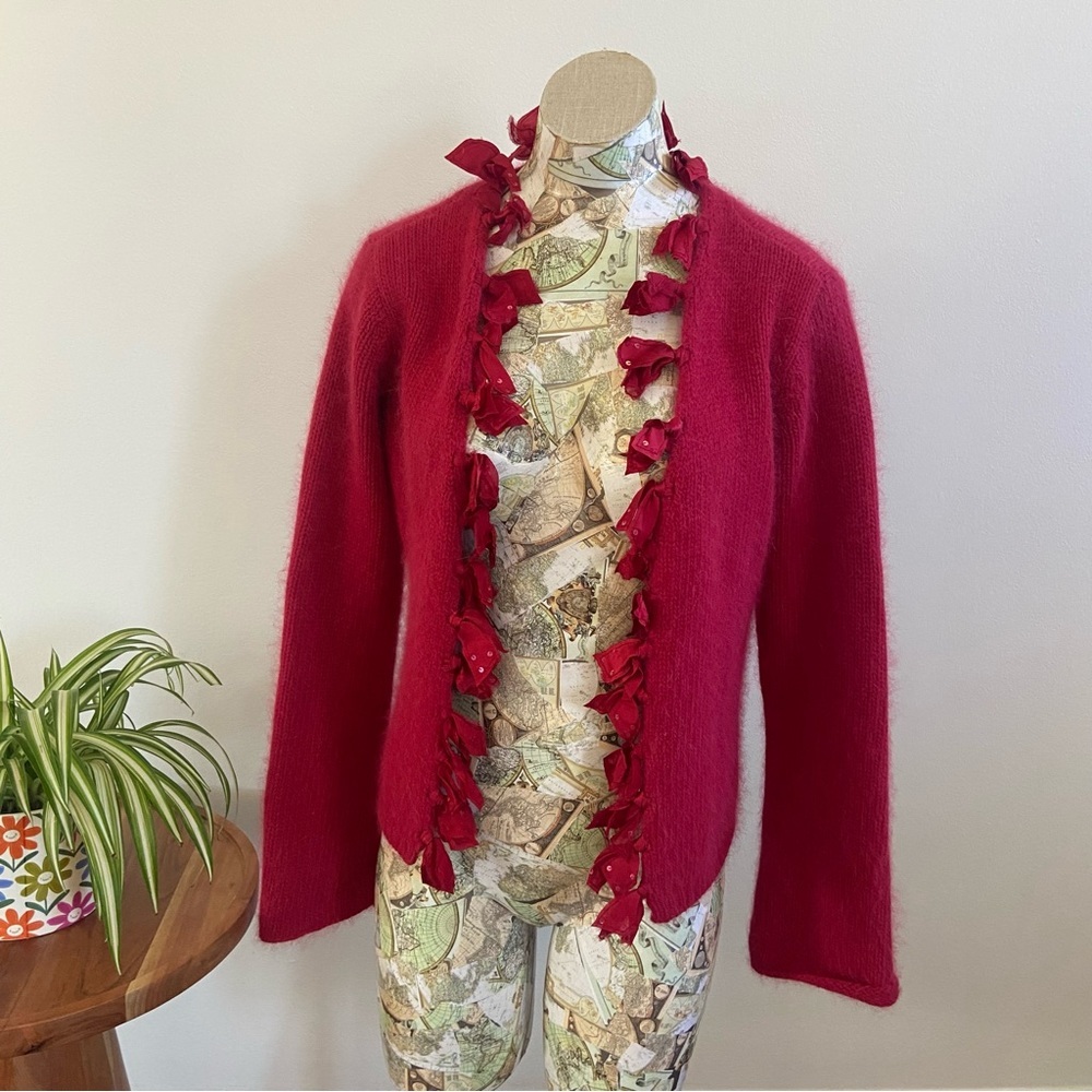 J Jill Wool + Rabbit Hair Red Cardigan with Ruffle Trim Small - Picture 3 of 9